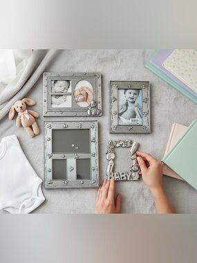 Set of 4 Metal Pewter Baby Photo Frames Nursery Decor Shower Gift Multi & Single